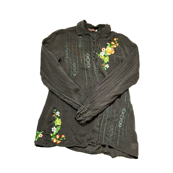 Johnny Was Floral Embroidered Crinkle Rayon Button Up Blouse Small Lightweight - Picture 1 of 7